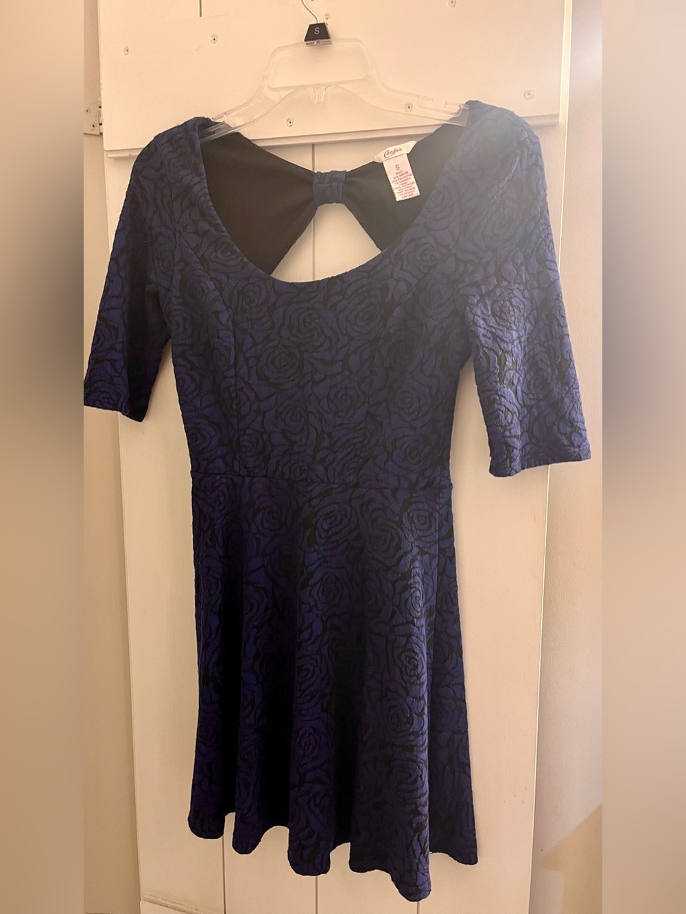 Candies Textured Navy Fit & Flare Midi Dress with Back Bow Accent